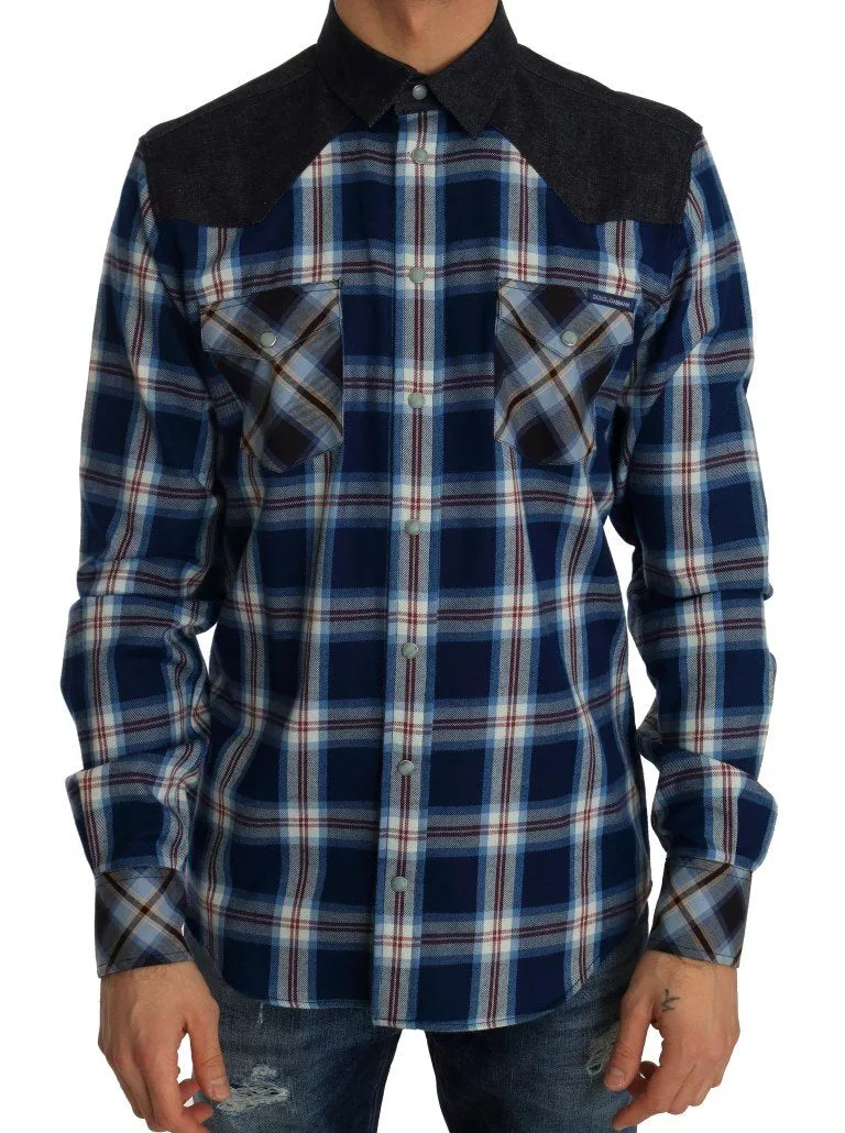 Blue Check Plaid Cotton Slim Fit Shirt
