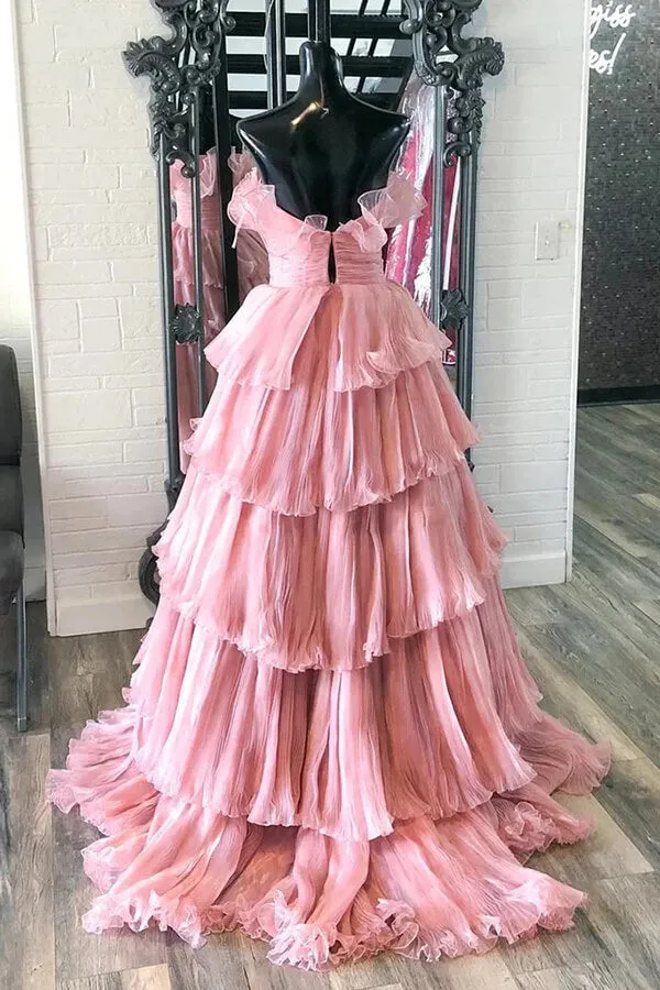 Blue Tulle A-line Strapless Long Prom Dresses With Ruffles, Party Dress, MP893