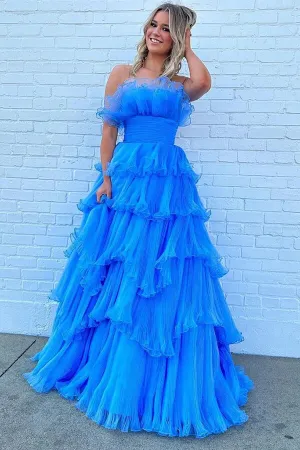 Blue Tulle A-line Strapless Long Prom Dresses With Ruffles, Party Dress, MP893