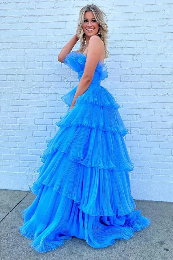 Blue Tulle A-line Strapless Long Prom Dresses With Ruffles, Party Dress, MP893