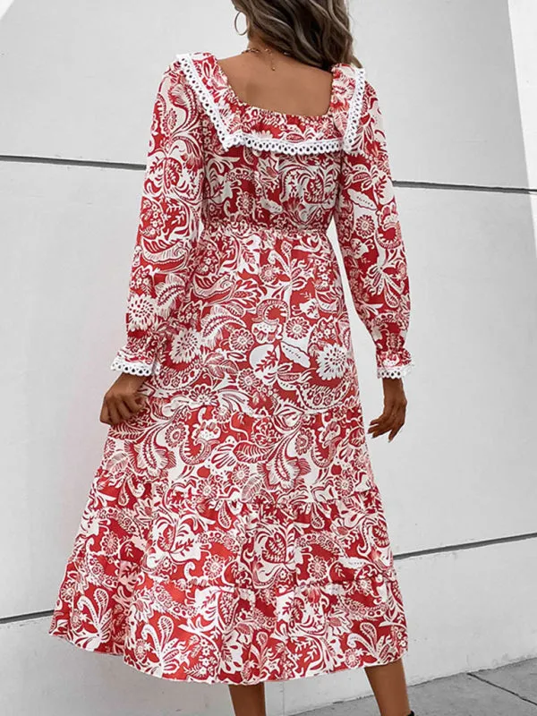 Boho Midi Dress with Paisley Print and Lace Trim