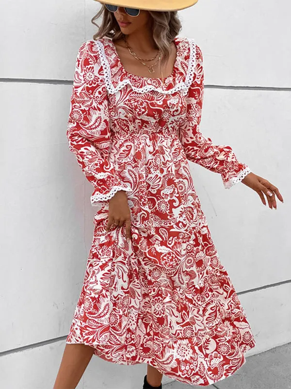 Boho Midi Dress with Paisley Print and Lace Trim