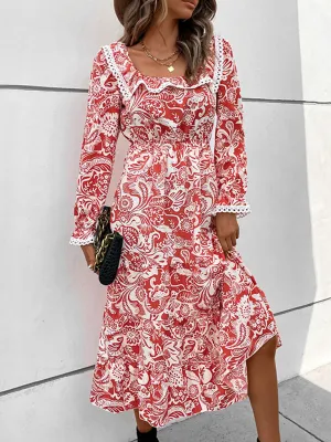 Boho Midi Dress with Paisley Print and Lace Trim