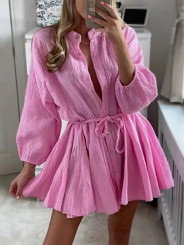Button-Down Mini Dress with Tie Waist and Ruffled Hem