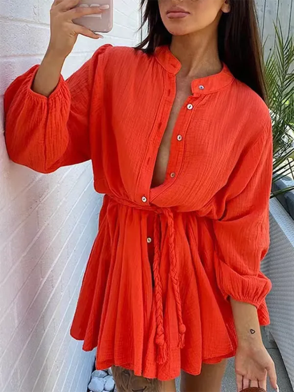 Button-Down Mini Dress with Tie Waist and Ruffled Hem