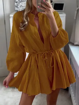 Button-Down Mini Dress with Tie Waist and Ruffled Hem