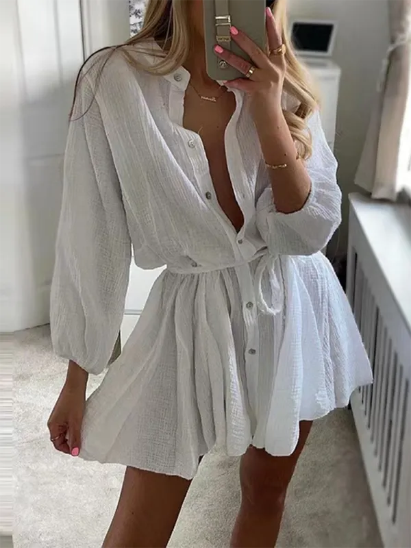 Button-Down Mini Dress with Tie Waist and Ruffled Hem