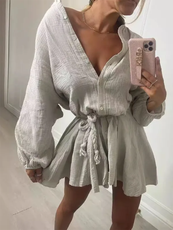 Button-Down Mini Dress with Tie Waist and Ruffled Hem