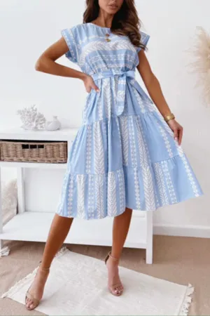 Casual Print O Neck Waist Skirt Dresses(3 Colors)
