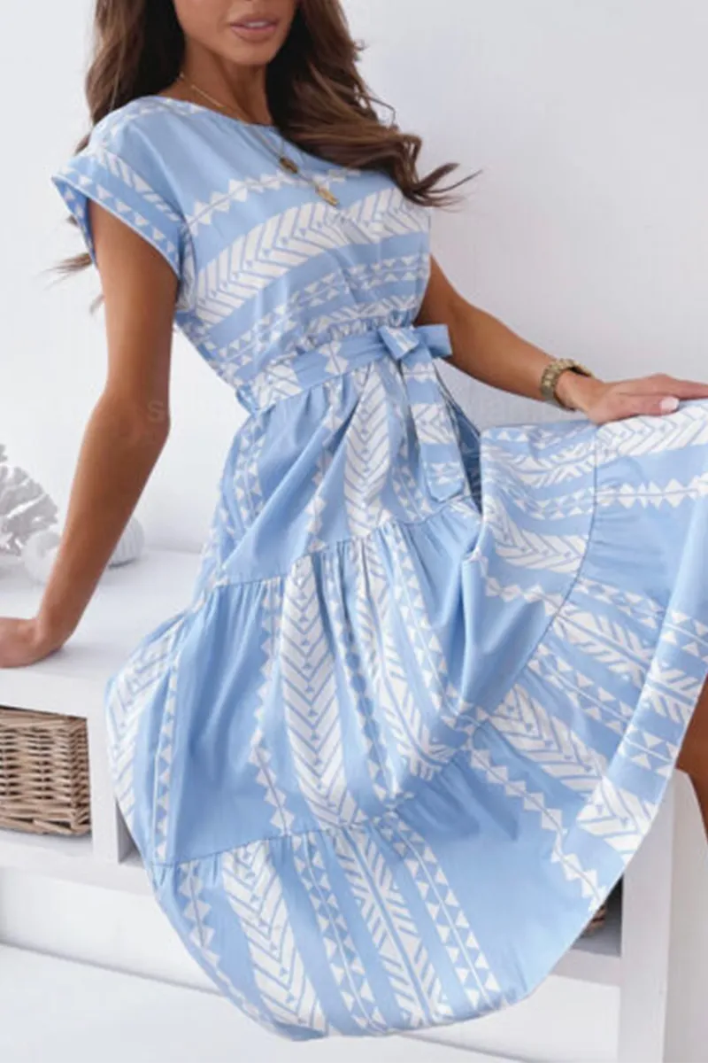 Casual Print O Neck Waist Skirt Dresses(3 Colors)