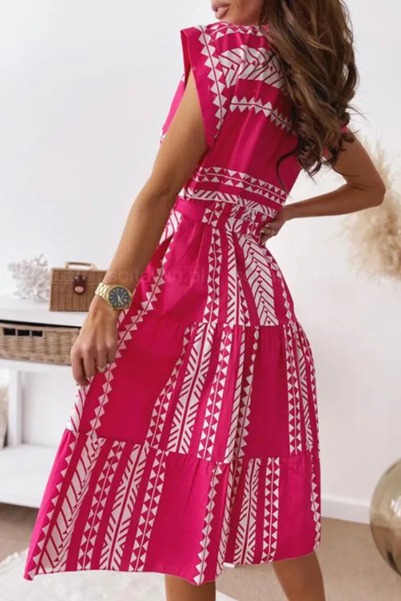 Casual Print O Neck Waist Skirt Dresses(3 Colors)