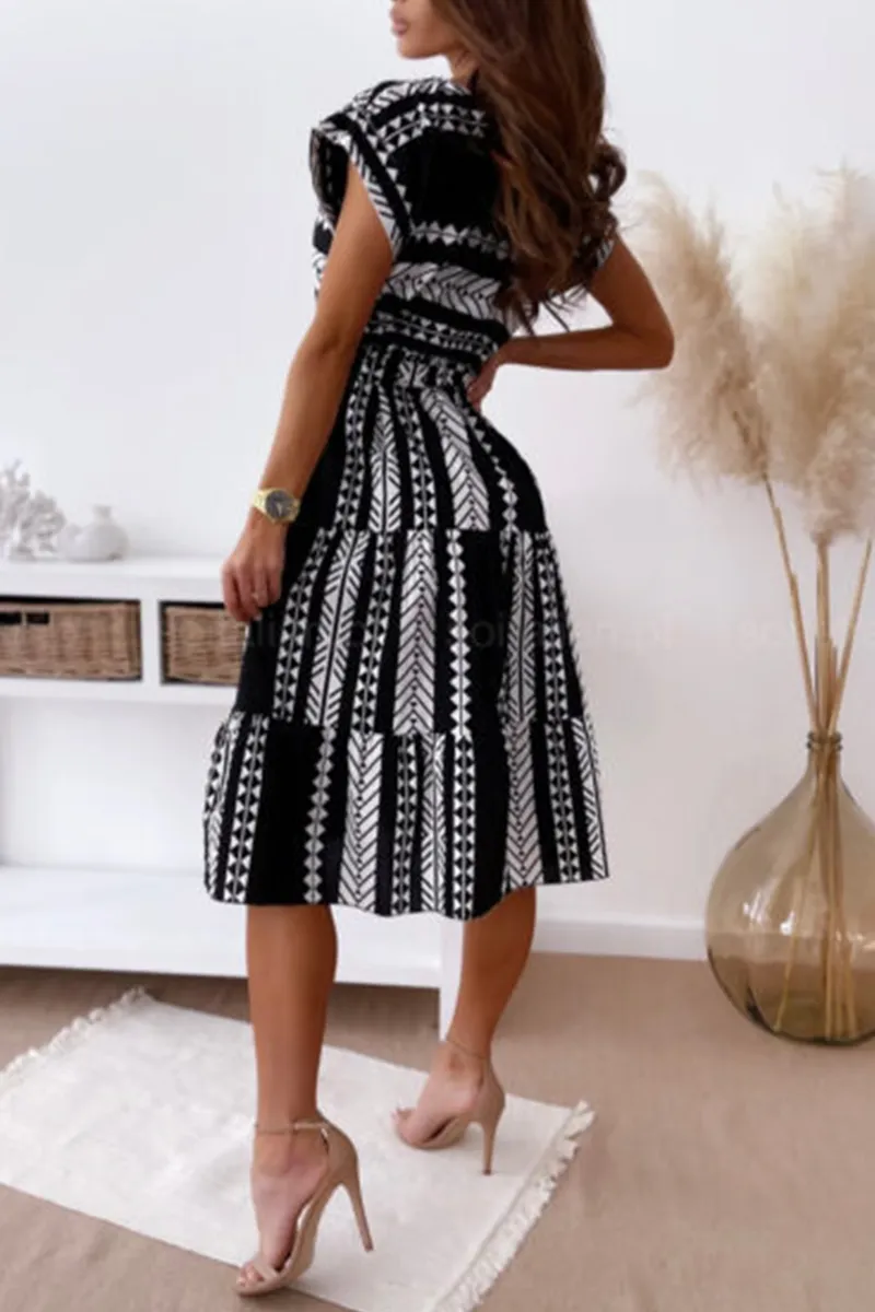 Casual Print O Neck Waist Skirt Dresses(3 Colors)