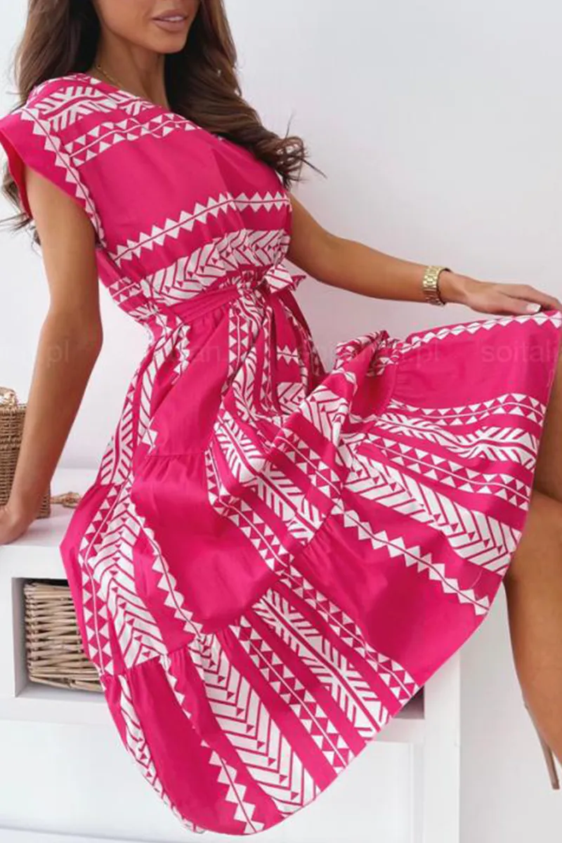Casual Print O Neck Waist Skirt Dresses(3 Colors)