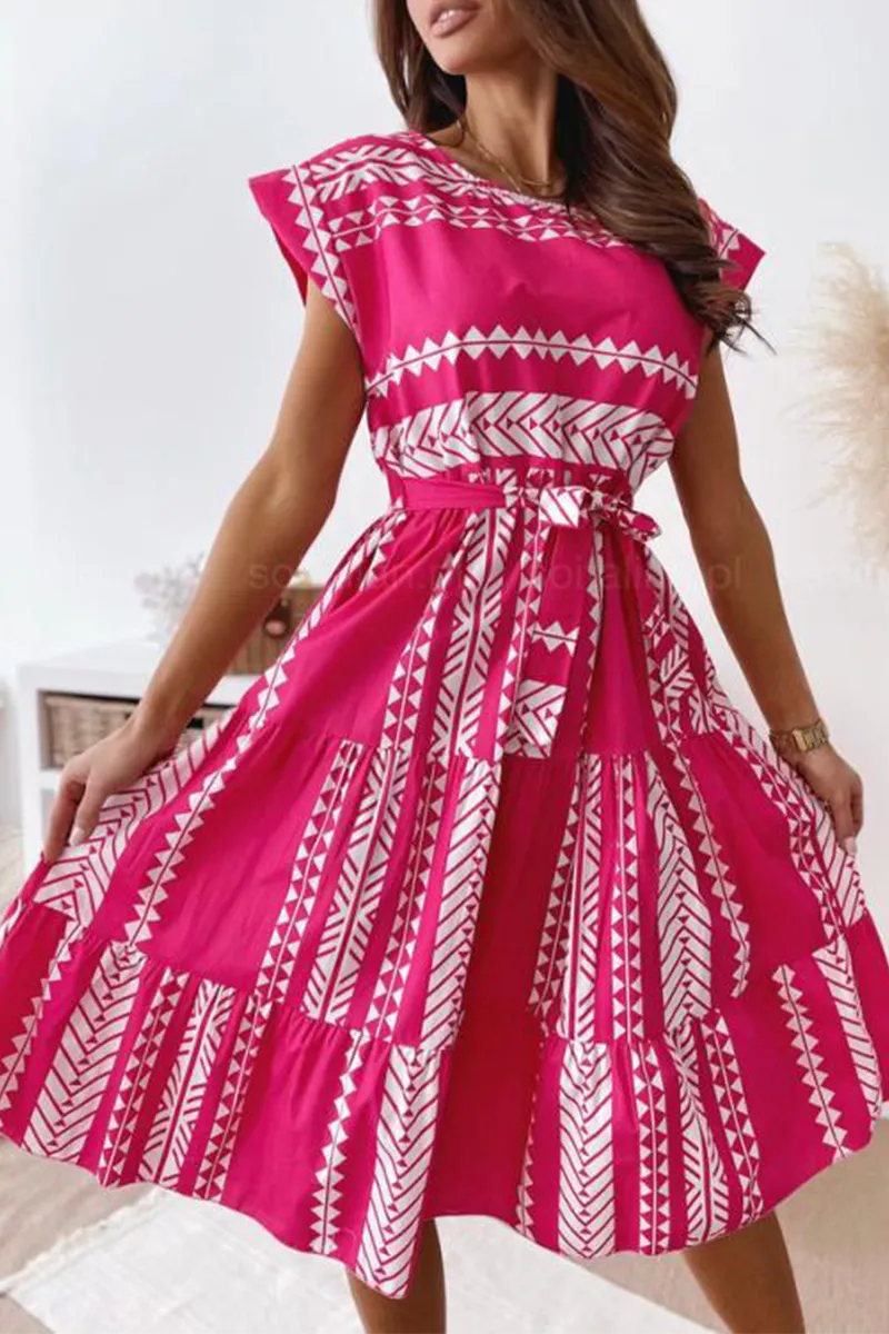 Casual Print O Neck Waist Skirt Dresses(3 Colors)
