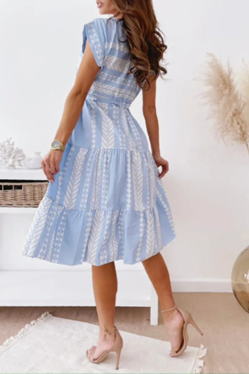 Casual Print O Neck Waist Skirt Dresses(3 Colors)