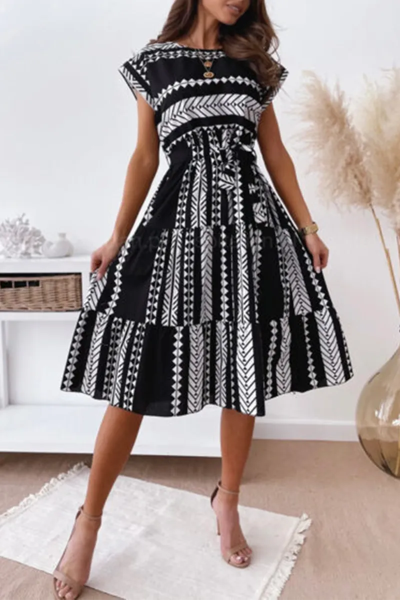 Casual Print O Neck Waist Skirt Dresses(3 Colors)