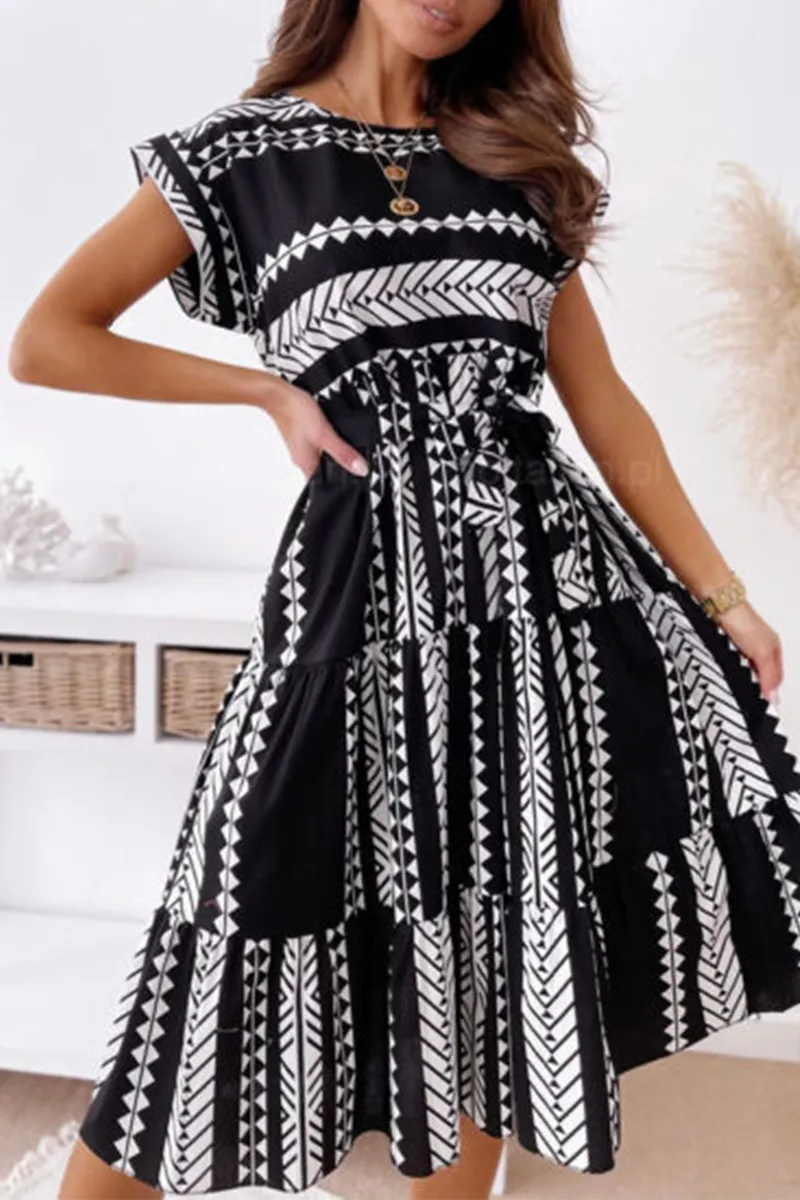 Casual Print O Neck Waist Skirt Dresses(3 Colors)