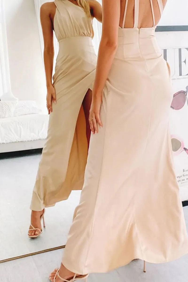 Casual Solid Slit One Shoulder Waist Skirt Dresses(3 Colors)