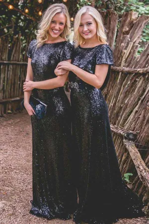 Charming Sheath Scoop Open Back Cap Sleeves Navy Cap Sleeves Sequins Long Bridesmaid Dresses,MBD130