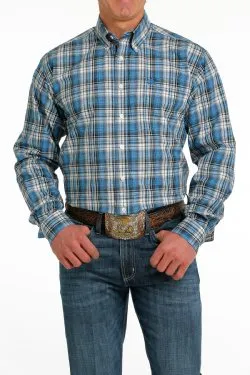 Cinch Men's Plaid Button-Down Western Shirt - Cream/Light Blue/Navy