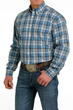 Cinch Men's Plaid Button-Down Western Shirt - Cream/Light Blue/Navy