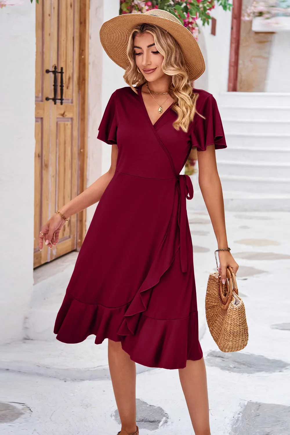 Clara Surplice Neck Flutter Sleeve Dress