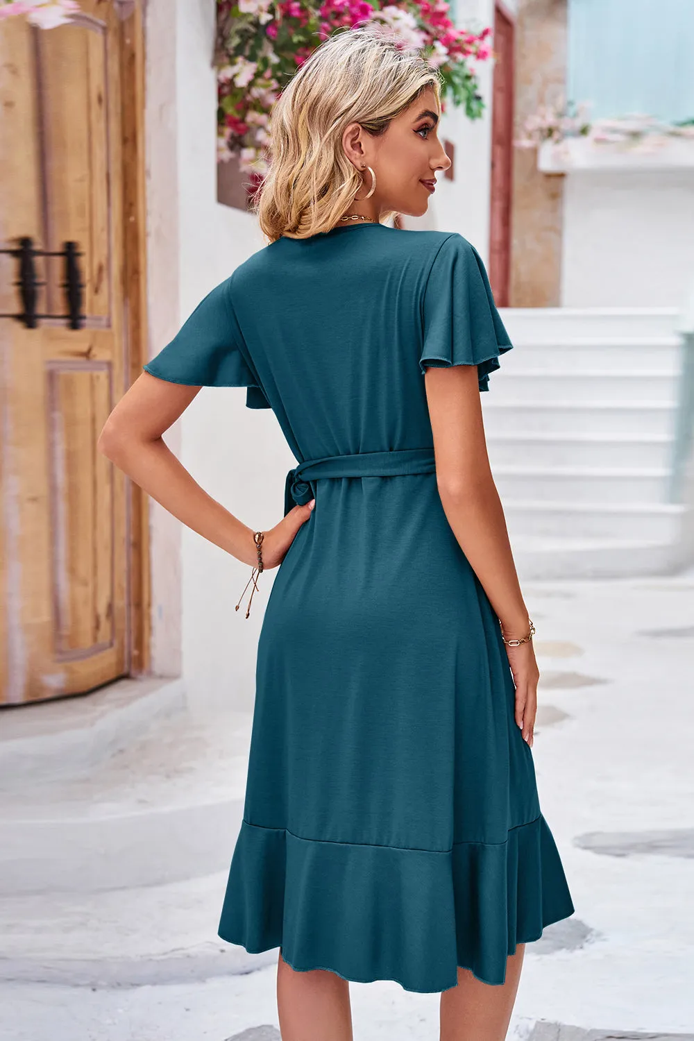 Clara Surplice Neck Flutter Sleeve Dress