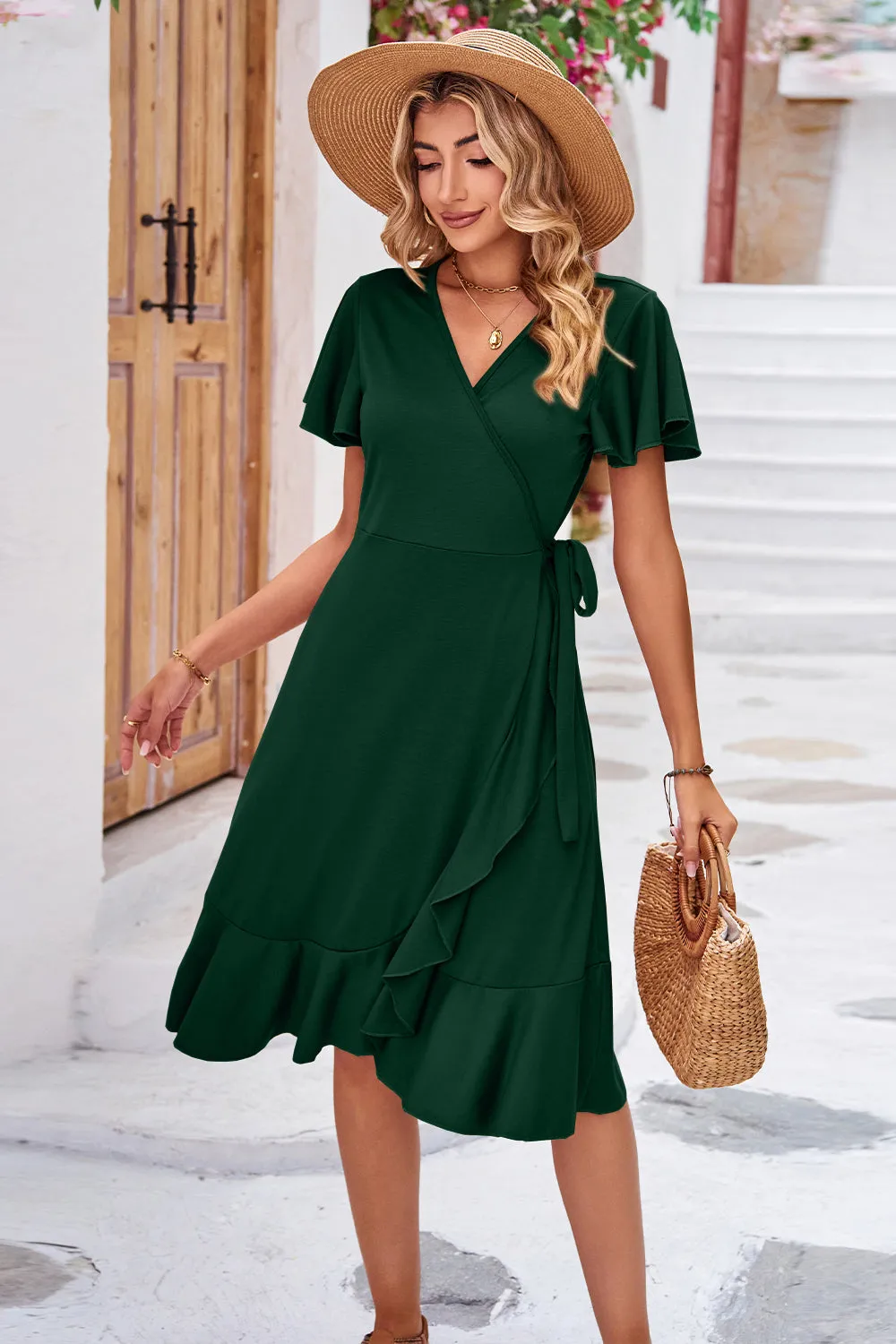 Clara Surplice Neck Flutter Sleeve Dress