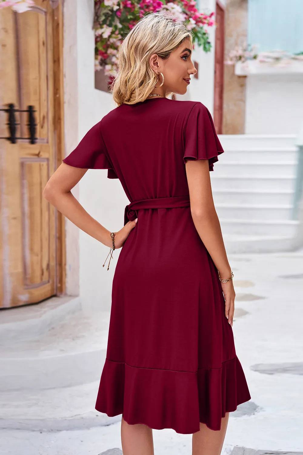 Clara Surplice Neck Flutter Sleeve Dress