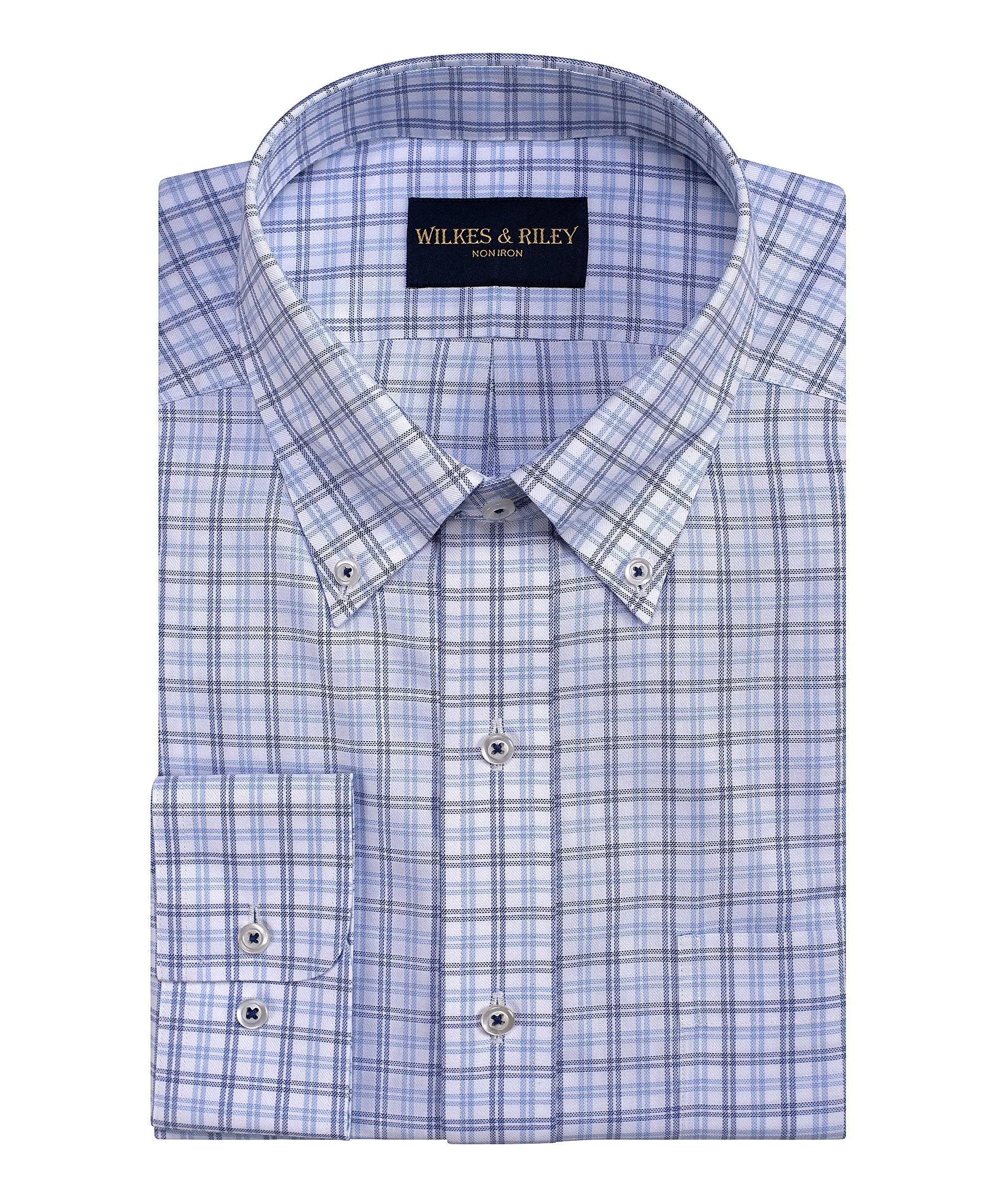 Classic Fit Blue / Sky Plaid Button-Down Collar Non-Iron Sport Shirt