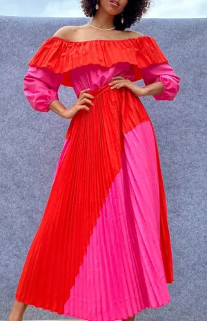 Colorblock Pleated Off-the-Shoulder Maxi Dress