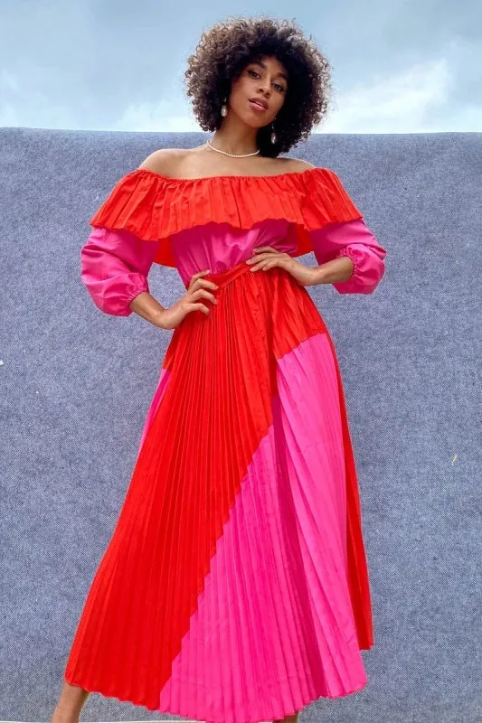 Colorblock Pleated Off-the-Shoulder Maxi Dress