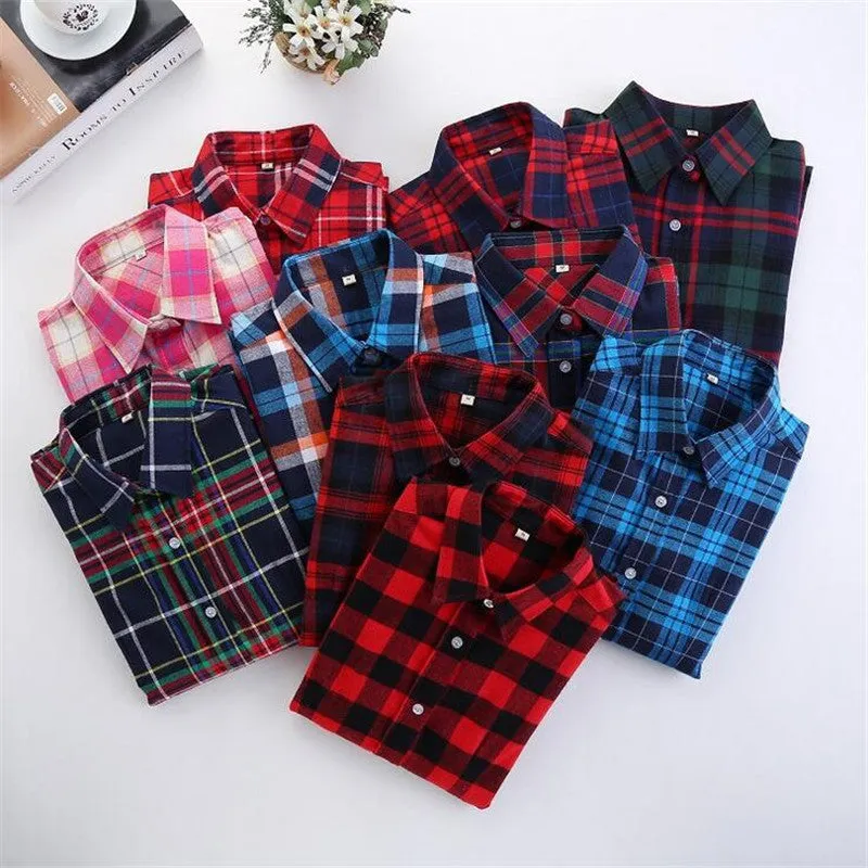 Cotton Plaid Women Shirts Blouses Long Sleeve Flannel Ladies Tops Plus Size 5XL Clothing For Women
