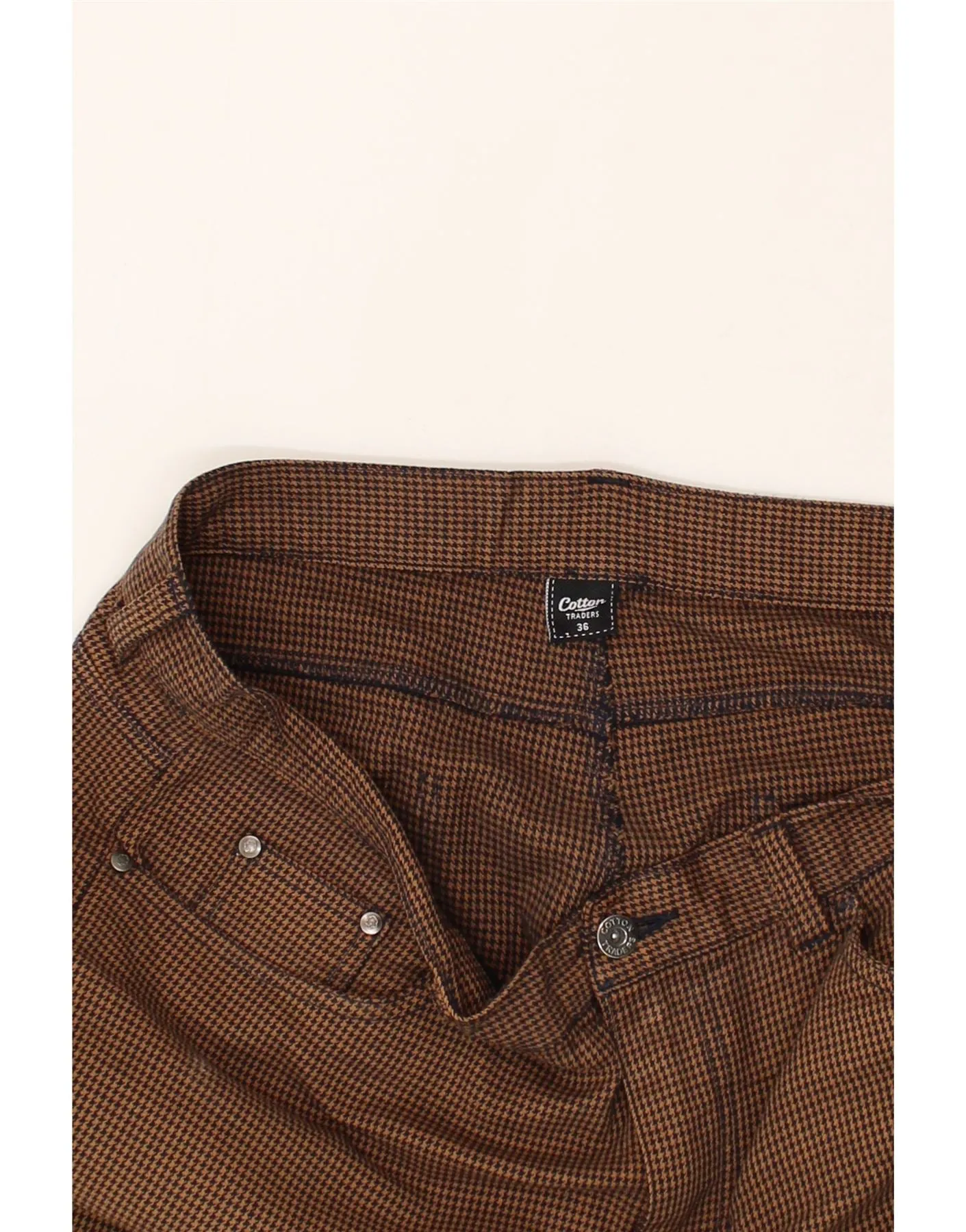 COTTON TRADERS Mens Straight Casual Trousers W36 L30 Brown Houndstooth