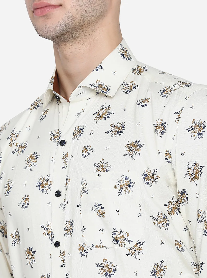 Cream Printed Slim Fit Party Wear Shirt | Greenfibre