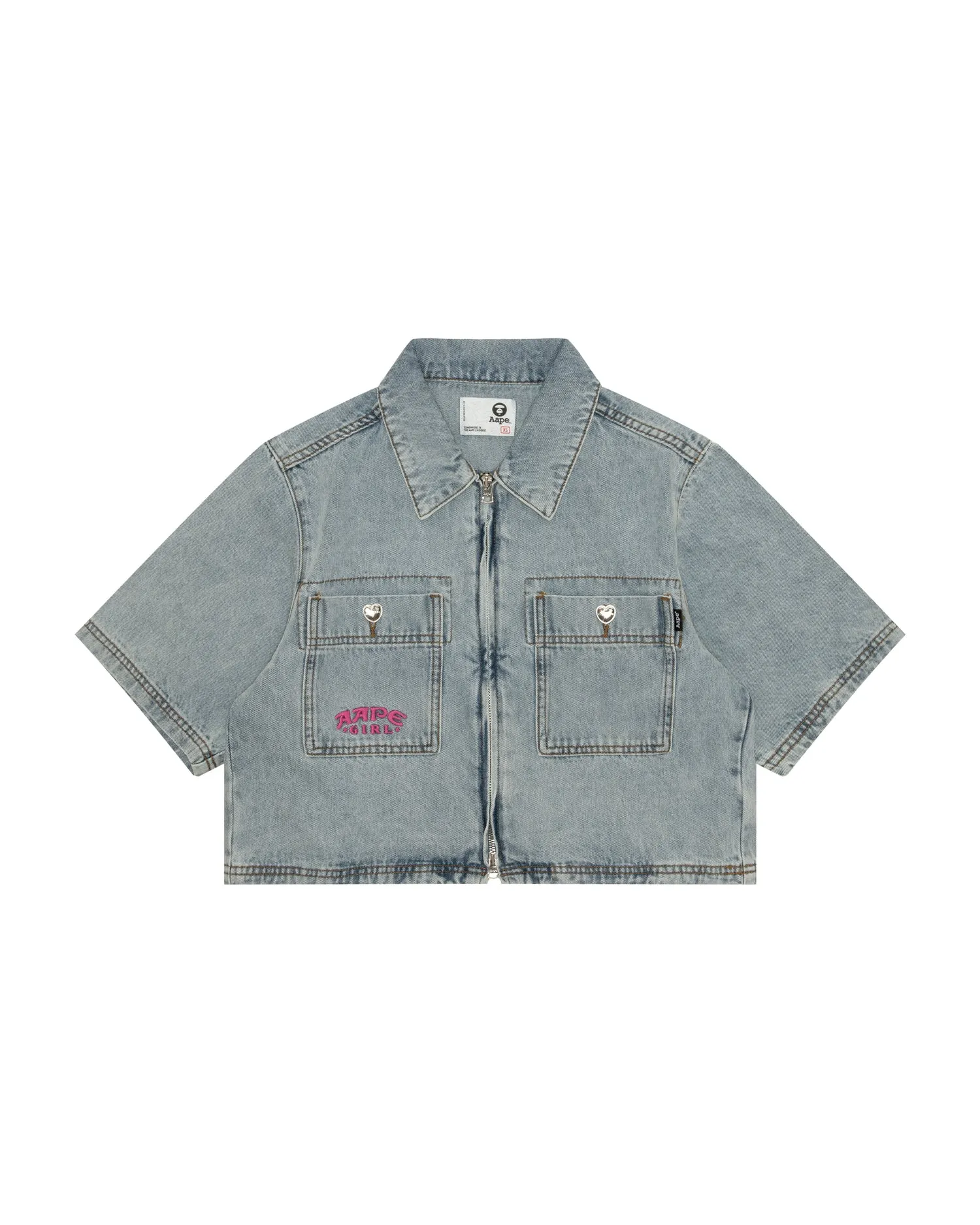 Cropped zip-up denim shirt