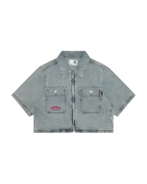 Cropped zip-up denim shirt