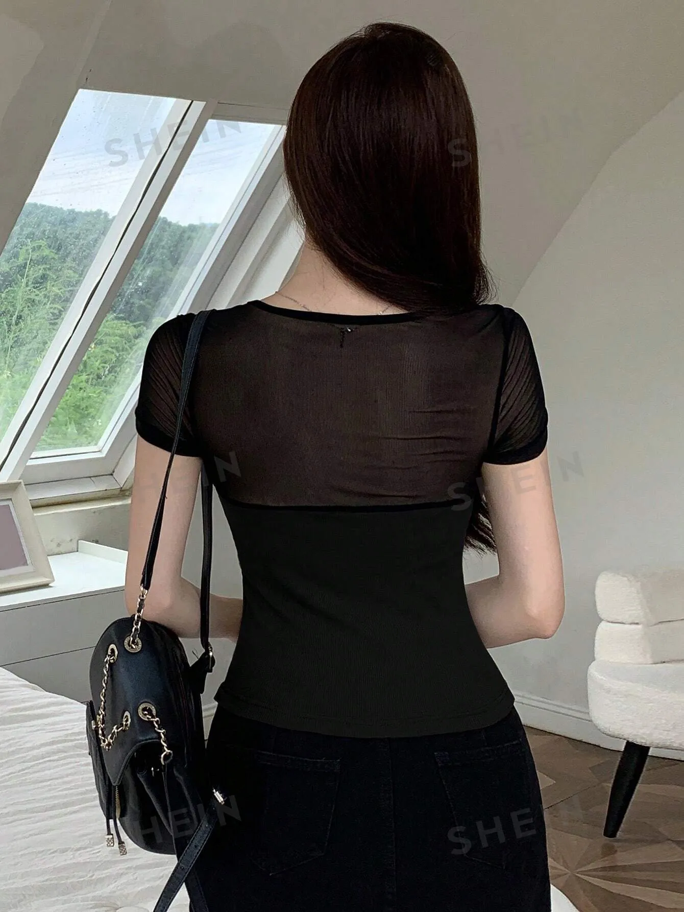 DAZY Party & Back To School Mesh Patchwork Hollow Out Short Sleeve T-Shirt
