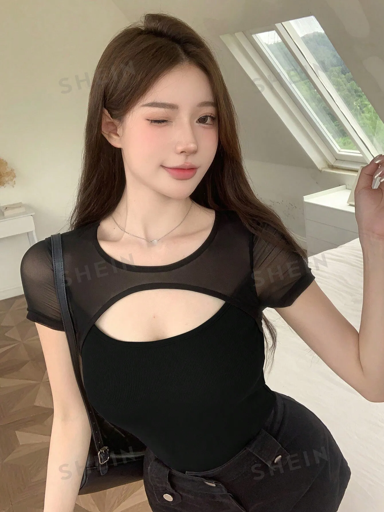 DAZY Party & Back To School Mesh Patchwork Hollow Out Short Sleeve T-Shirt