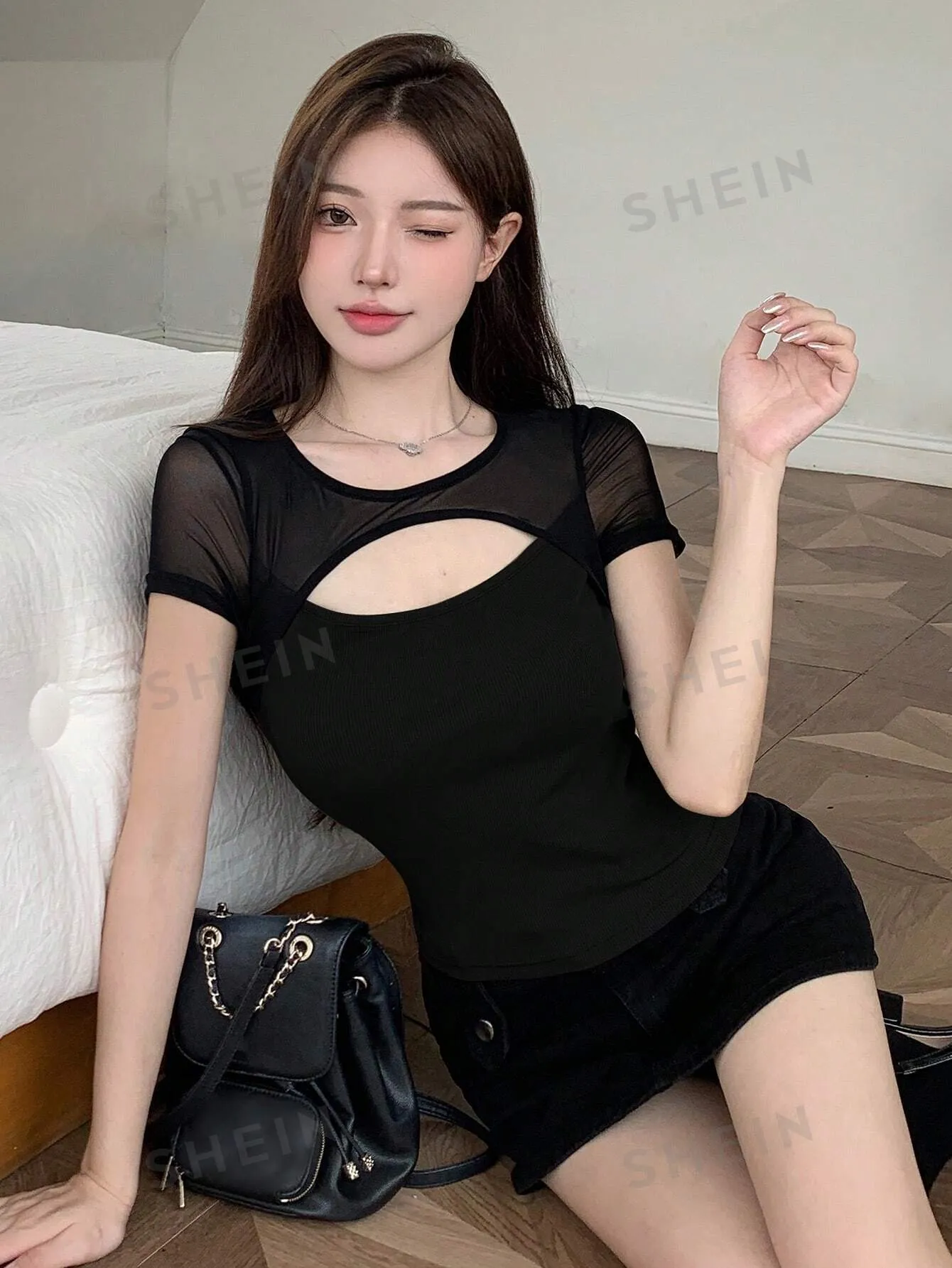 DAZY Party & Back To School Mesh Patchwork Hollow Out Short Sleeve T-Shirt