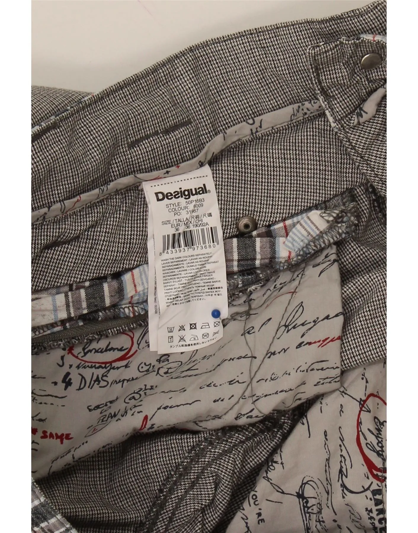 DESIGUAL Mens Slim Casual Trousers W36 L33 Grey Houndstooth Cotton