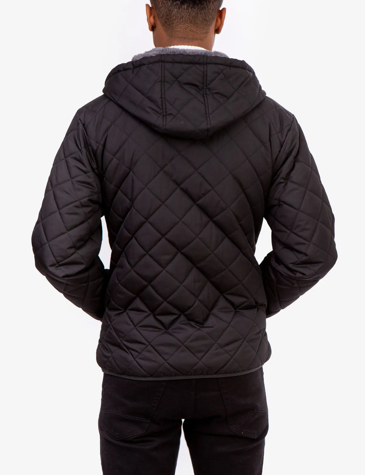 DIAMOND QUILTED HOODED JACKET WITH SHERPA