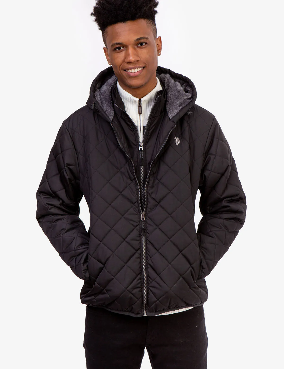 DIAMOND QUILTED HOODED JACKET WITH SHERPA
