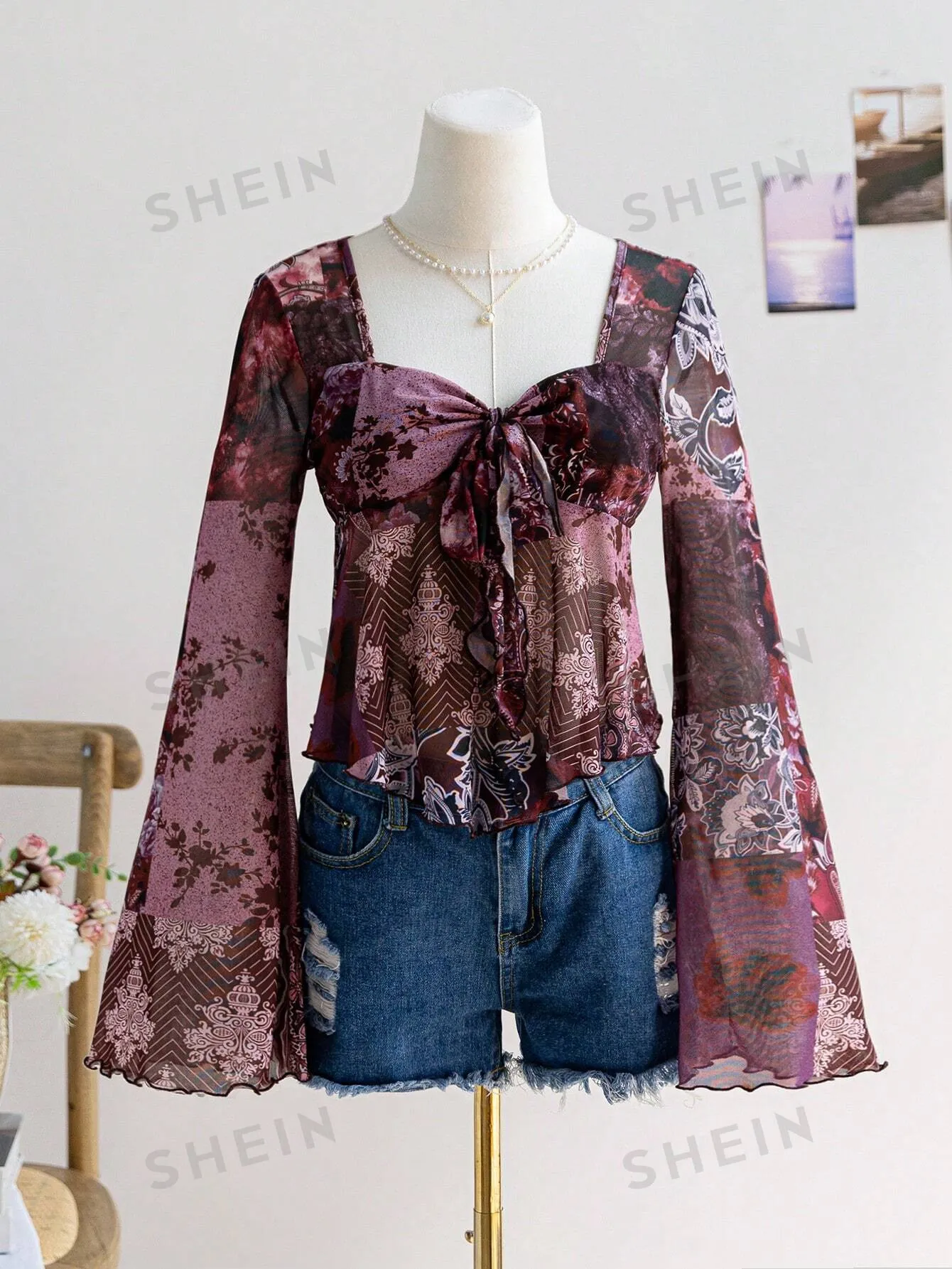 Dreamara Women's Vacation Mesh & Red Ginger Print Patchwork Flare Sleeve Bow Tie Front Blouse Shirt