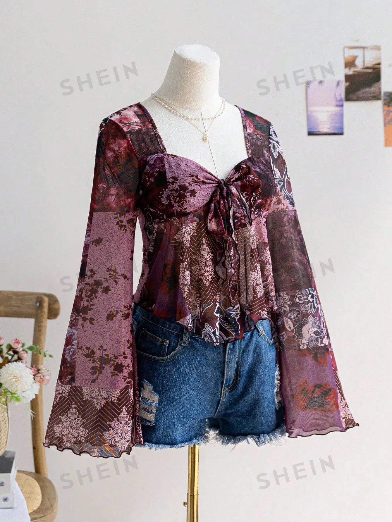 Dreamara Women's Vacation Mesh & Red Ginger Print Patchwork Flare Sleeve Bow Tie Front Blouse Shirt