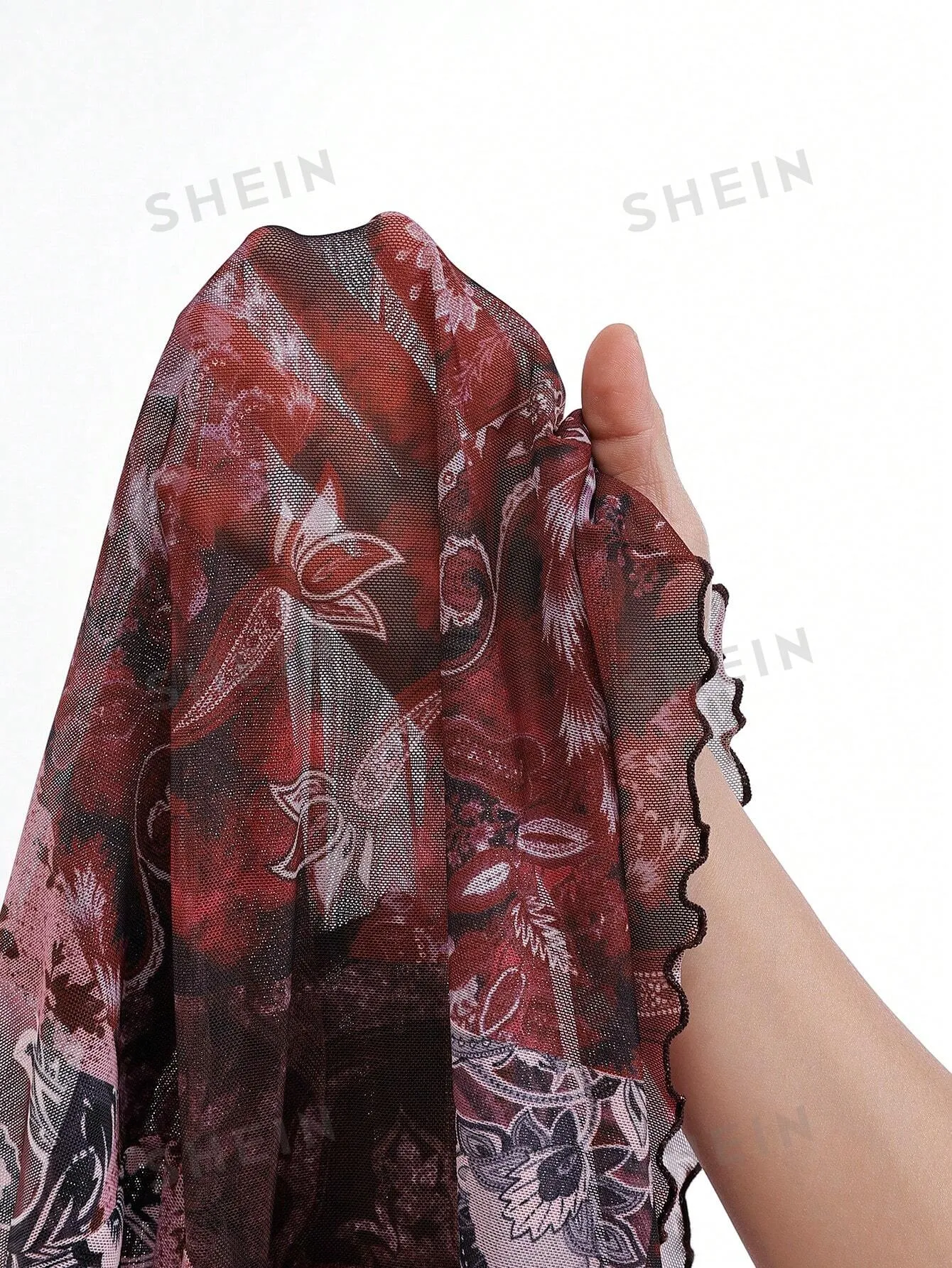 Dreamara Women's Vacation Mesh & Red Ginger Print Patchwork Flare Sleeve Bow Tie Front Blouse Shirt