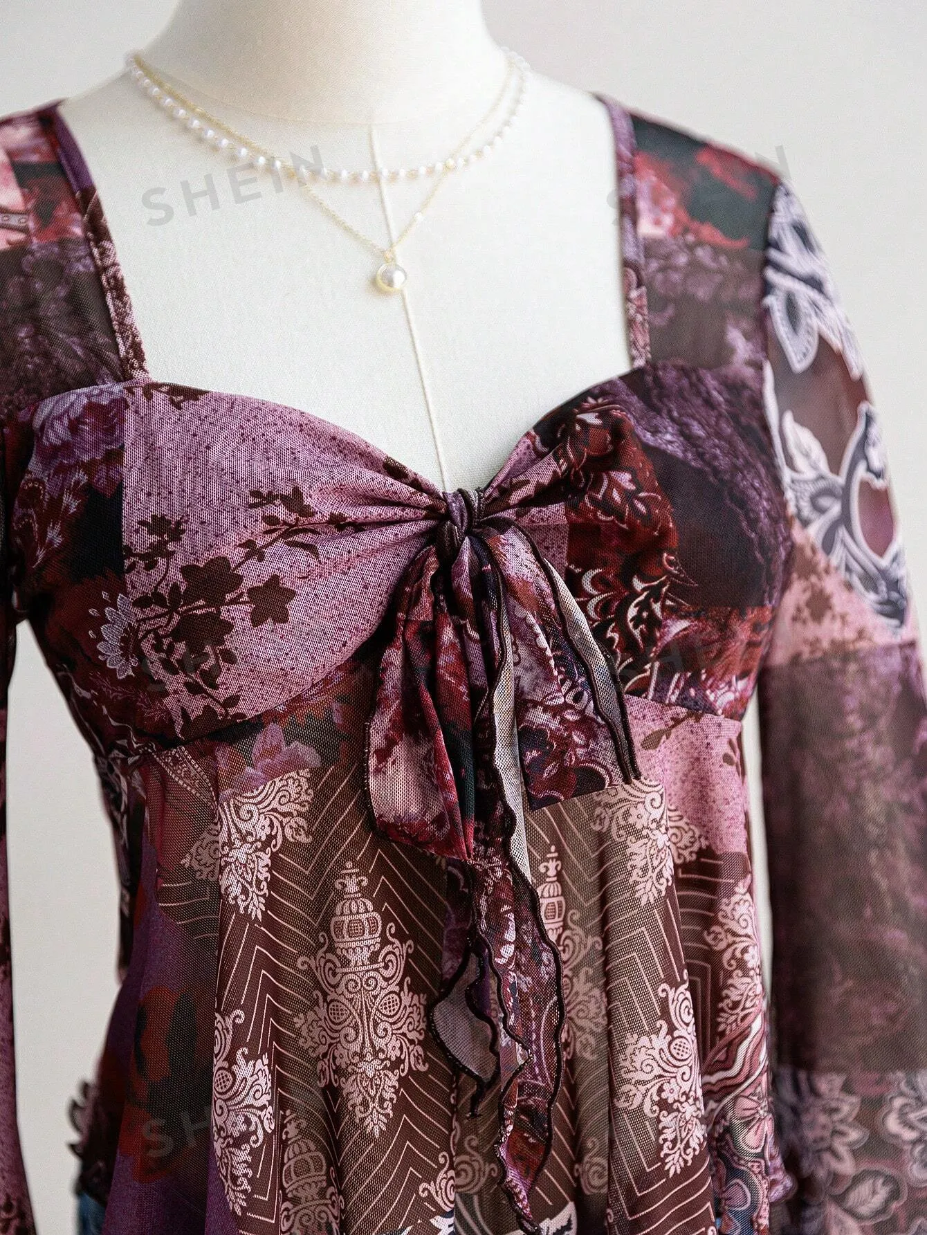 Dreamara Women's Vacation Mesh & Red Ginger Print Patchwork Flare Sleeve Bow Tie Front Blouse Shirt