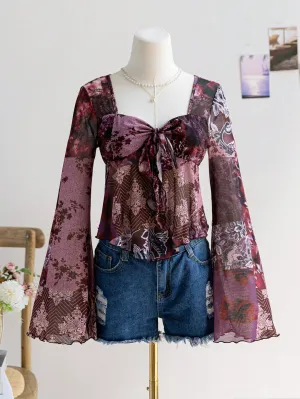 Dreamara Women's Vacation Mesh & Red Ginger Print Patchwork Flare Sleeve Bow Tie Front Blouse Shirt