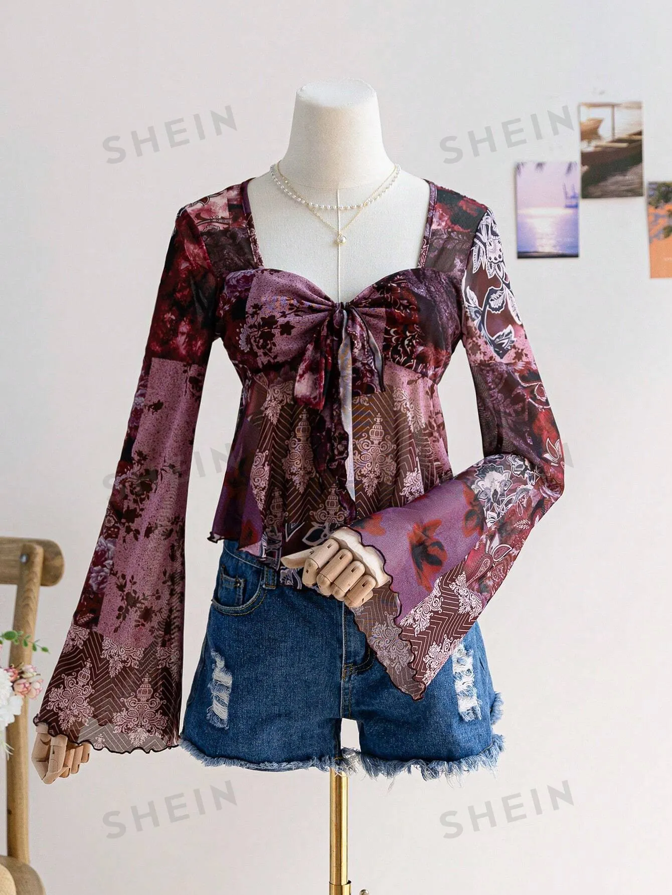 Dreamara Women's Vacation Mesh & Red Ginger Print Patchwork Flare Sleeve Bow Tie Front Blouse Shirt