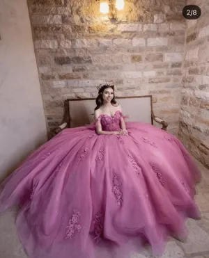 Dusty Rose Off Shoulder Lace 3D Flower Applique Quinceanera Dresses